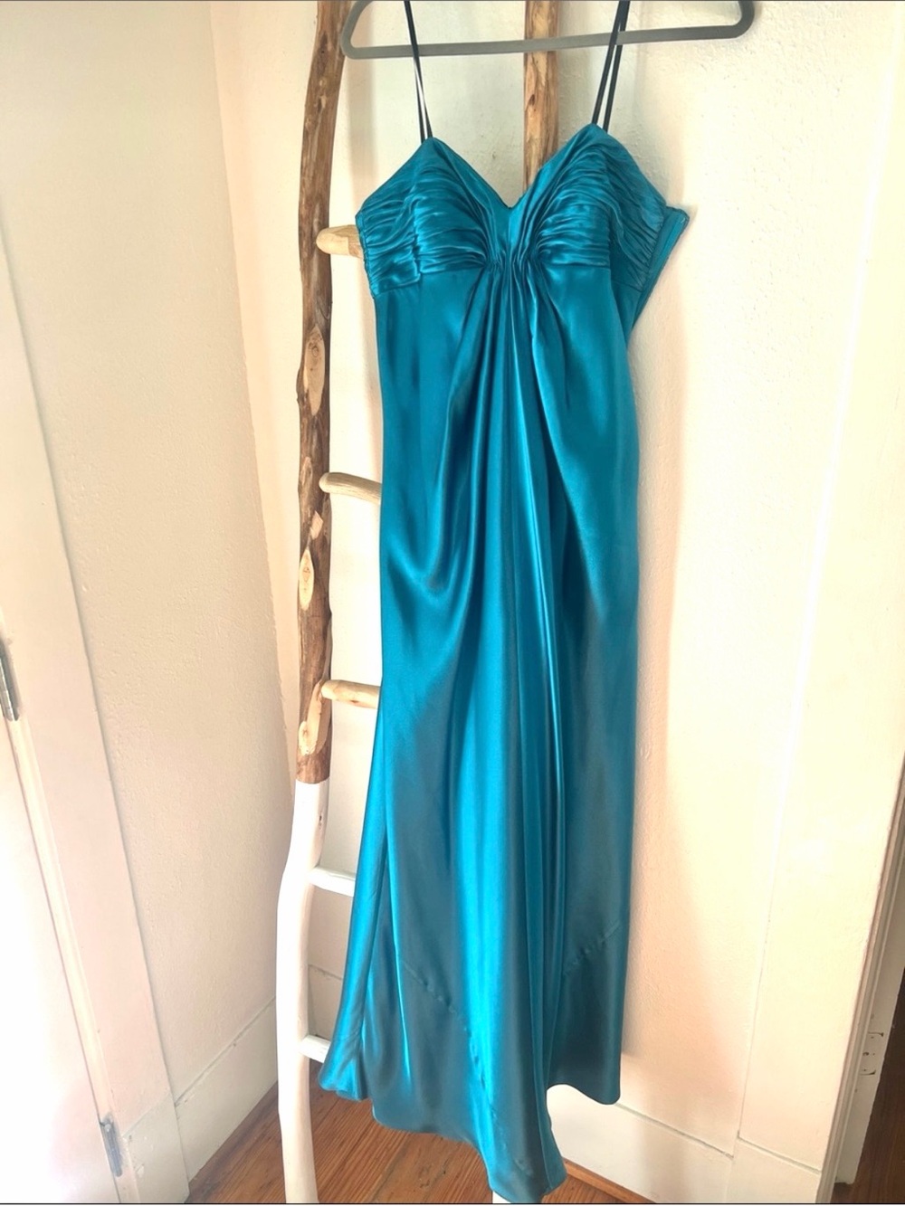 Laundry By Shelli Segal Teal Strapless Draped Satin Column Midi Dress 8